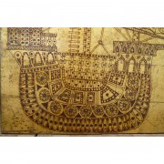 VELIERI (1964) – Pyrography on wood, stained gold background – 197x104 in – Private Collection