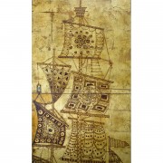 VELIERI (1964) – Pyrography on wood, stained gold background – 197x104 in – Private Collection